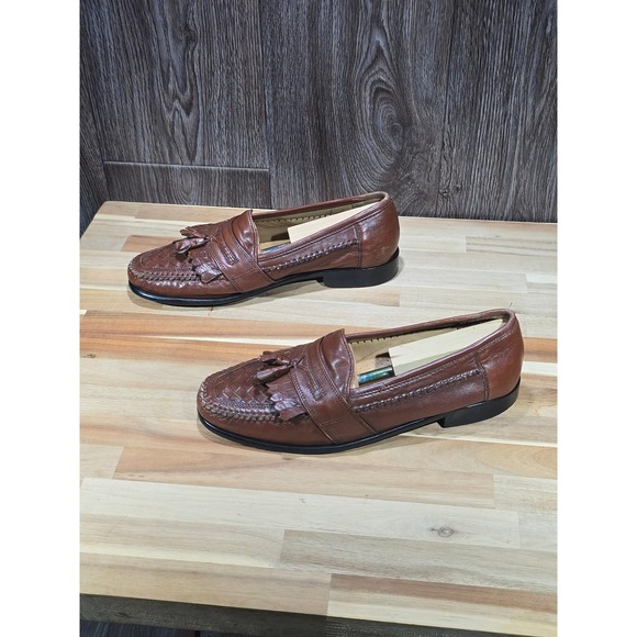 Bass Loafers Woven Leather Tassel Kiltie Slip On 9.5 Brown Dress Shoes Vintage - Picture 7 of 16